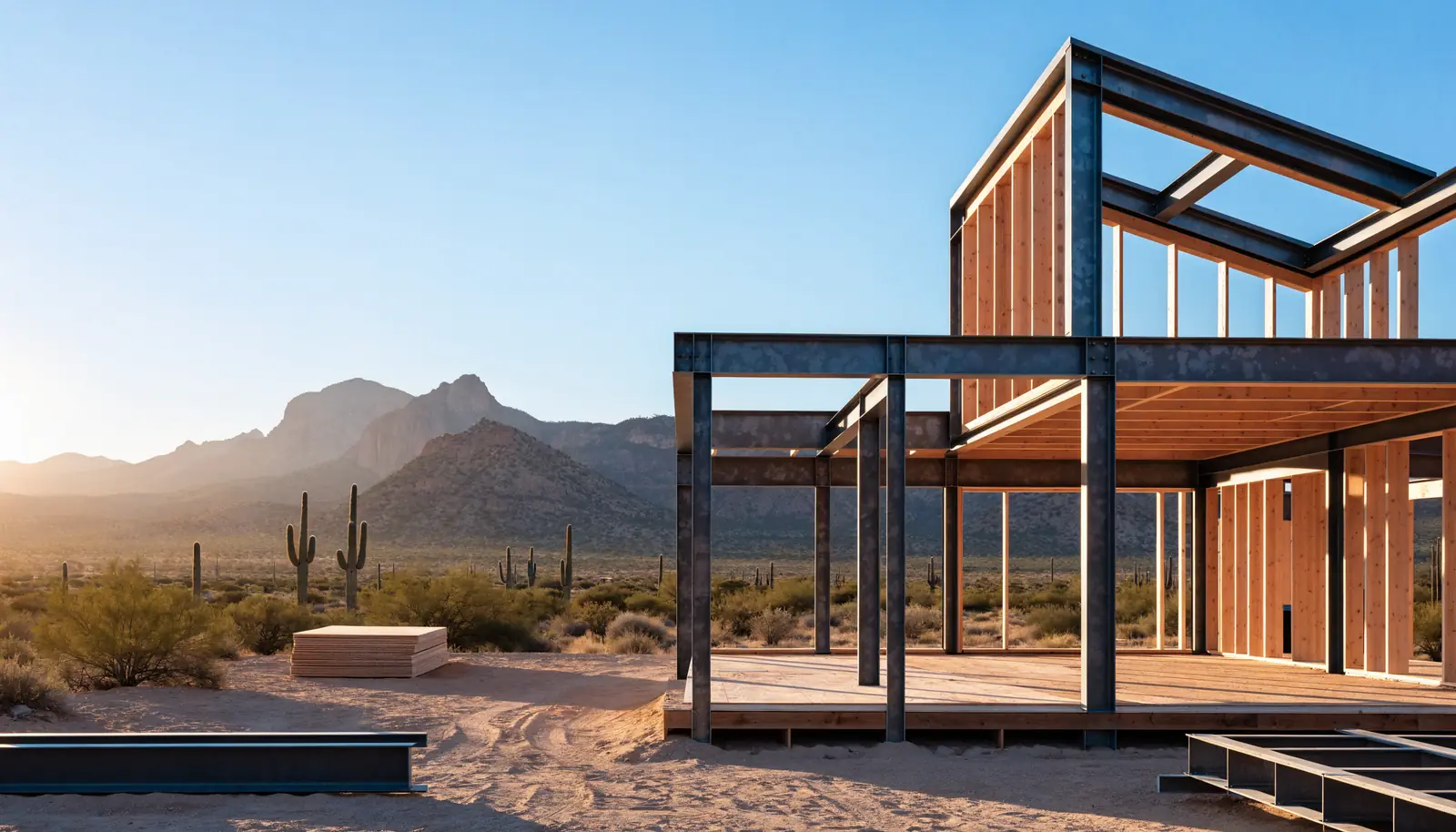 A house going up at sunrise: a blackened steel frame and raw timber walls on a wood deck, desert mountains and saguaros behind it, steel beams waiting on the sand.