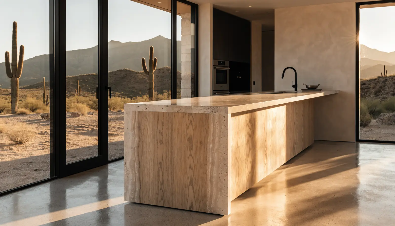 The kitchen in morning sun: a long travertine and oak island on a polished concrete floor, black steel doors open to saguaros and the hills.