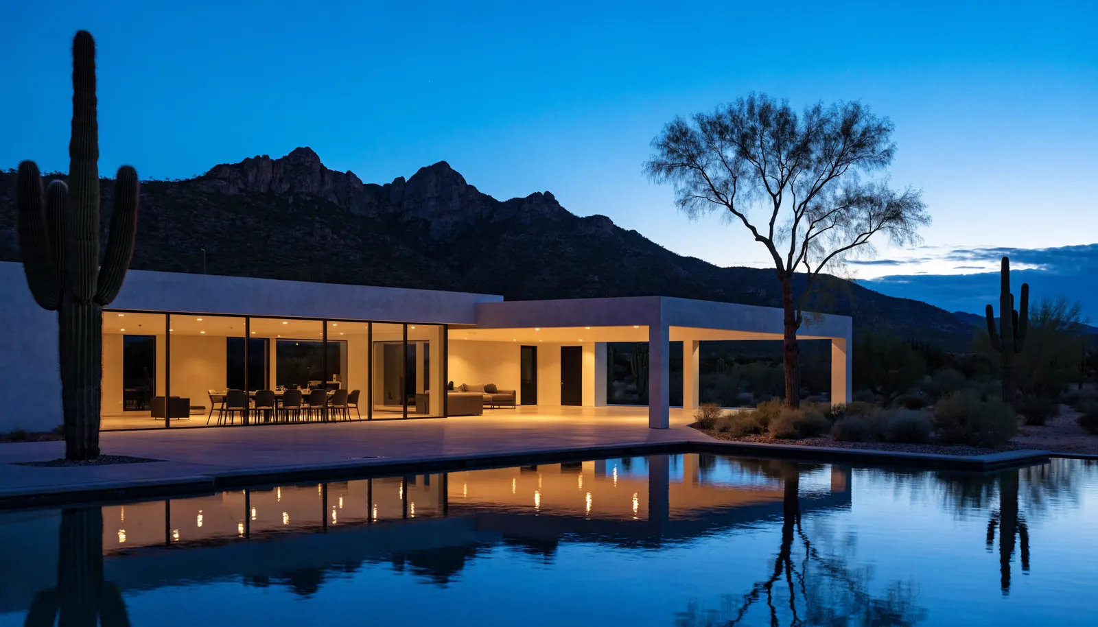 A single-storey desert modern home at blue hour: white stucco, walls of lit glass and a deep cantilevered porch, reflected in a long pool, with saguaros and a mountain ridge behind.
