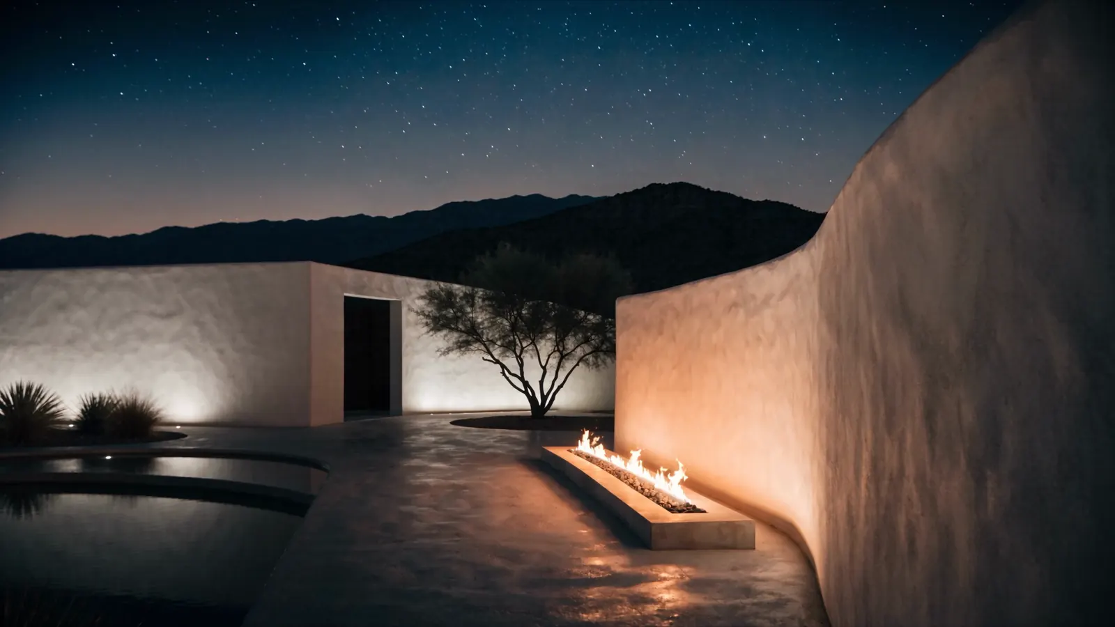 The courtyard at night under the stars: a long fire trough burning beside a curved stucco wall, a lit tree and a white stucco wing, the hills dark behind.