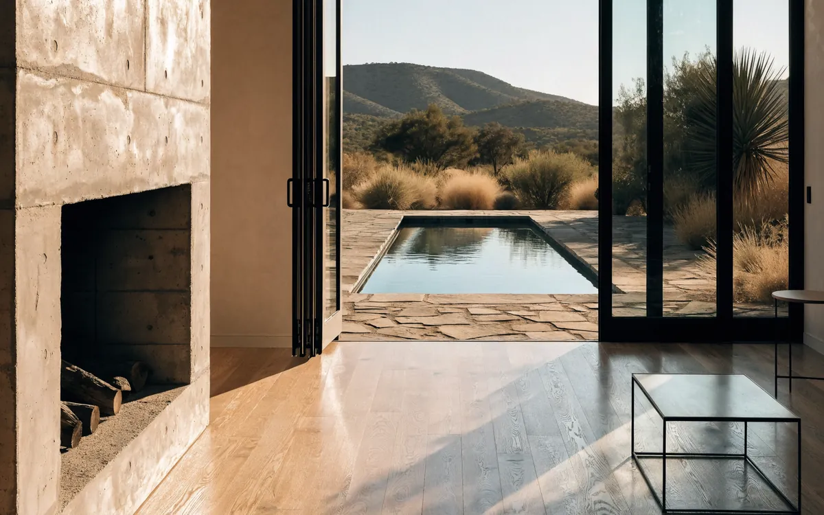 Inside: oak floors in a band of sun, a concrete fireplace and tall black steel doors folded open to a small pool and the desert hills.