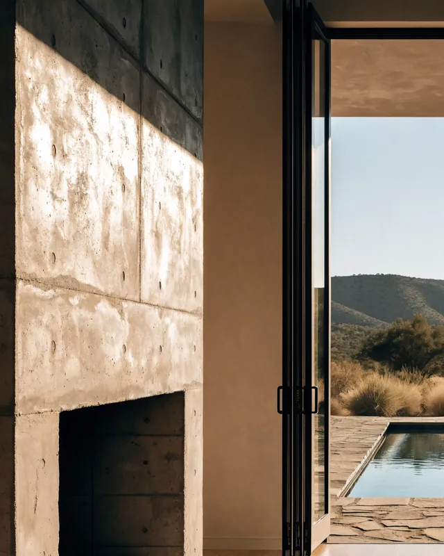 A board-formed concrete fireplace wall in late sun, logs stacked in its opening.