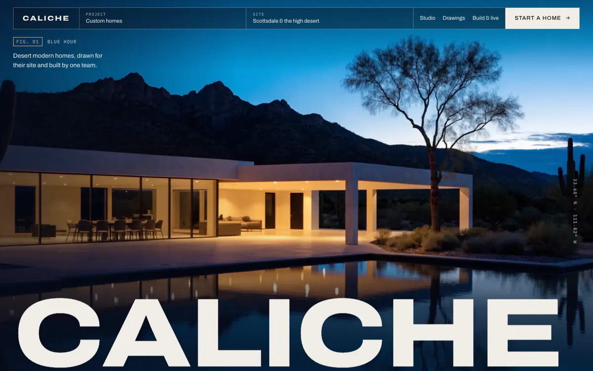 The Caliche sample site: a desert modern home at blue hour reflected in a pool, with a wide CALICHE wordmark.