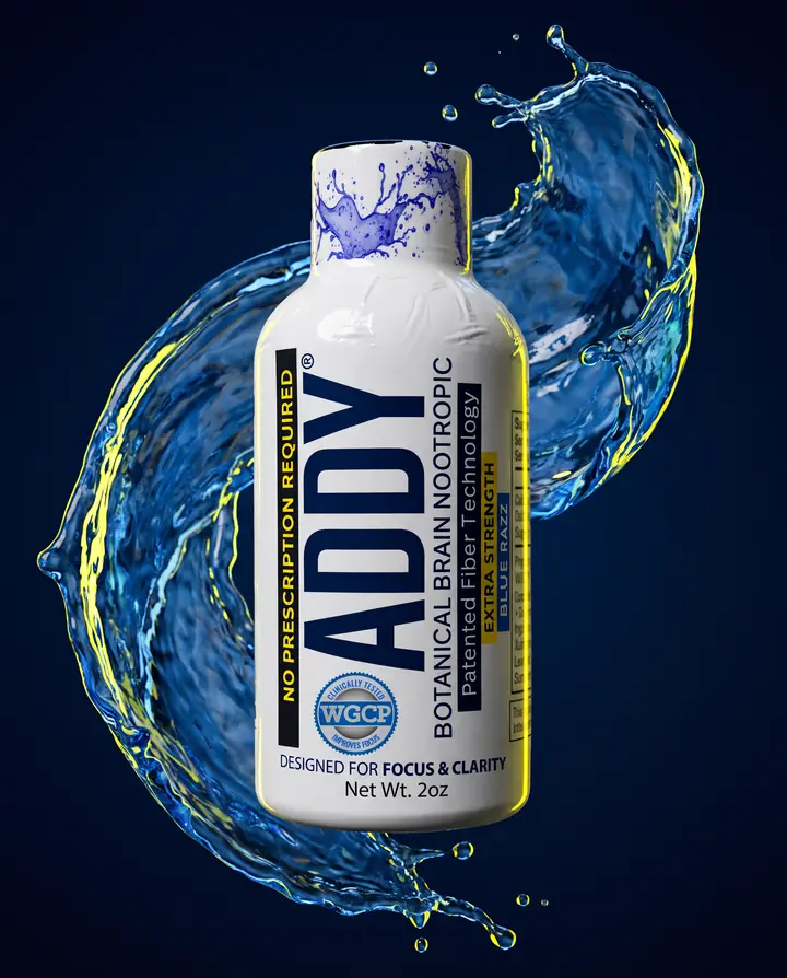 An ADDY Blue Razz focus shot wrapped in a blue splash on midnight navy.