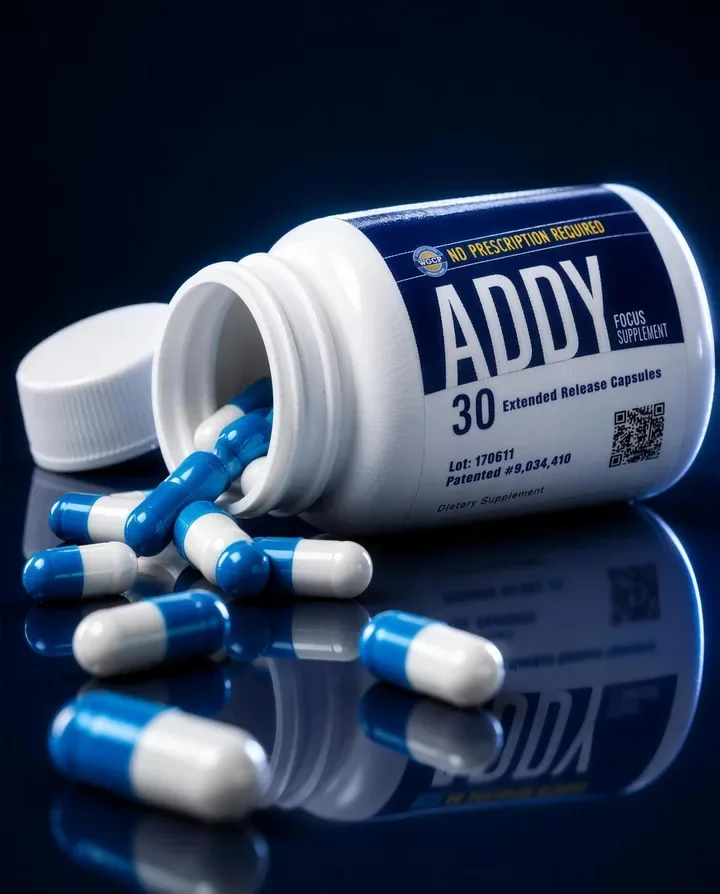 A white-capped bottle of ADDY 30 lying on its side on dark glass, its cap beside it, blue and white capsules spilling from its neck toward the camera.