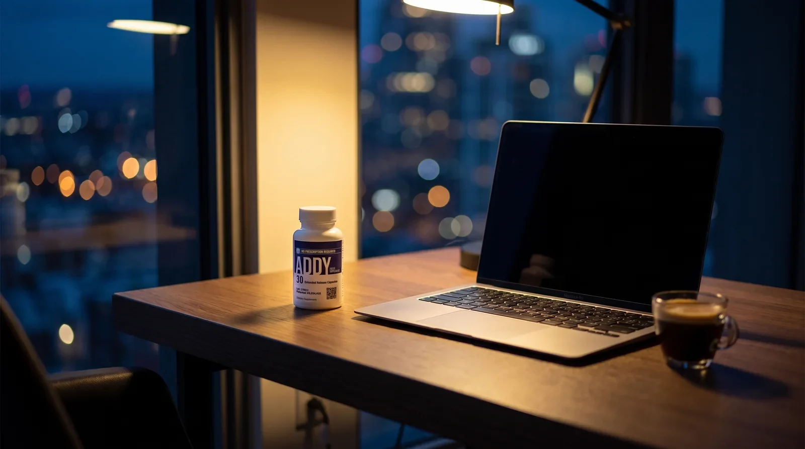 A window onto the city at night, the lights of the towers out of focus, beside the end of a wooden desk.