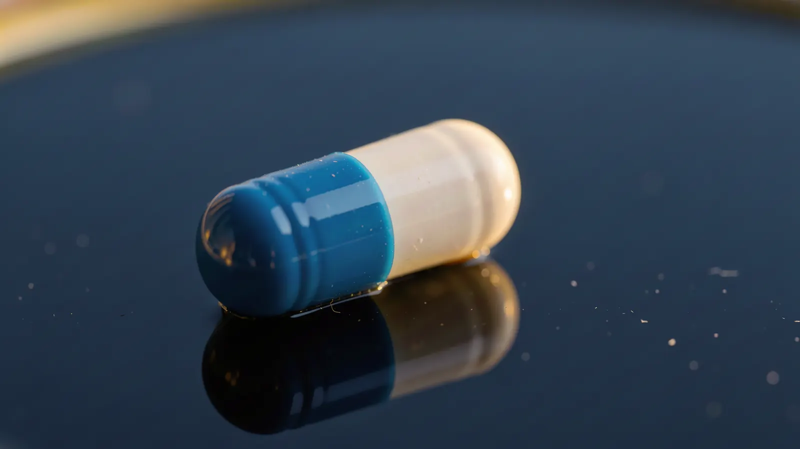One blue and white capsule lying on dark navy glass, its reflection under it.