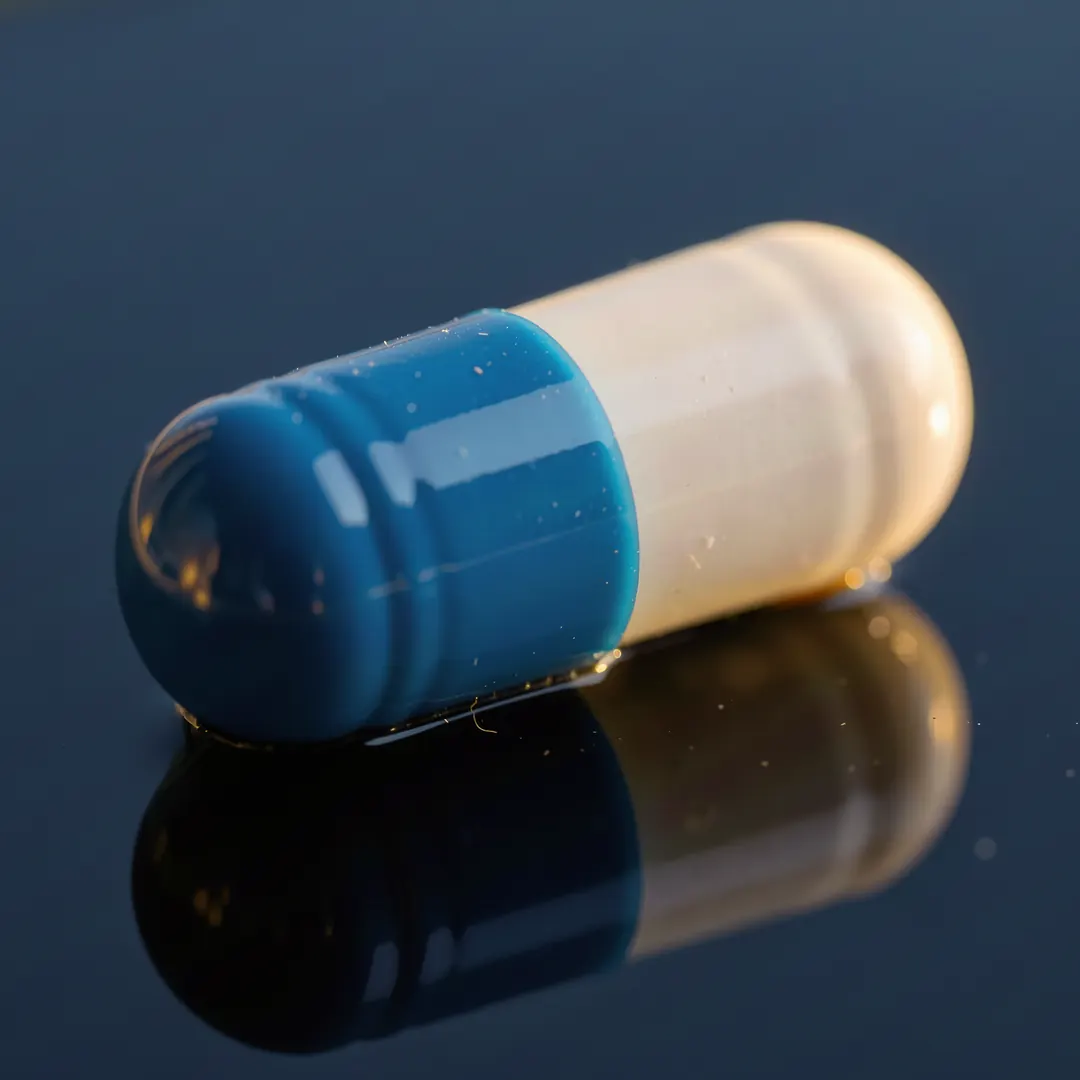 One blue and white capsule lying on dark navy glass, its reflection under it.