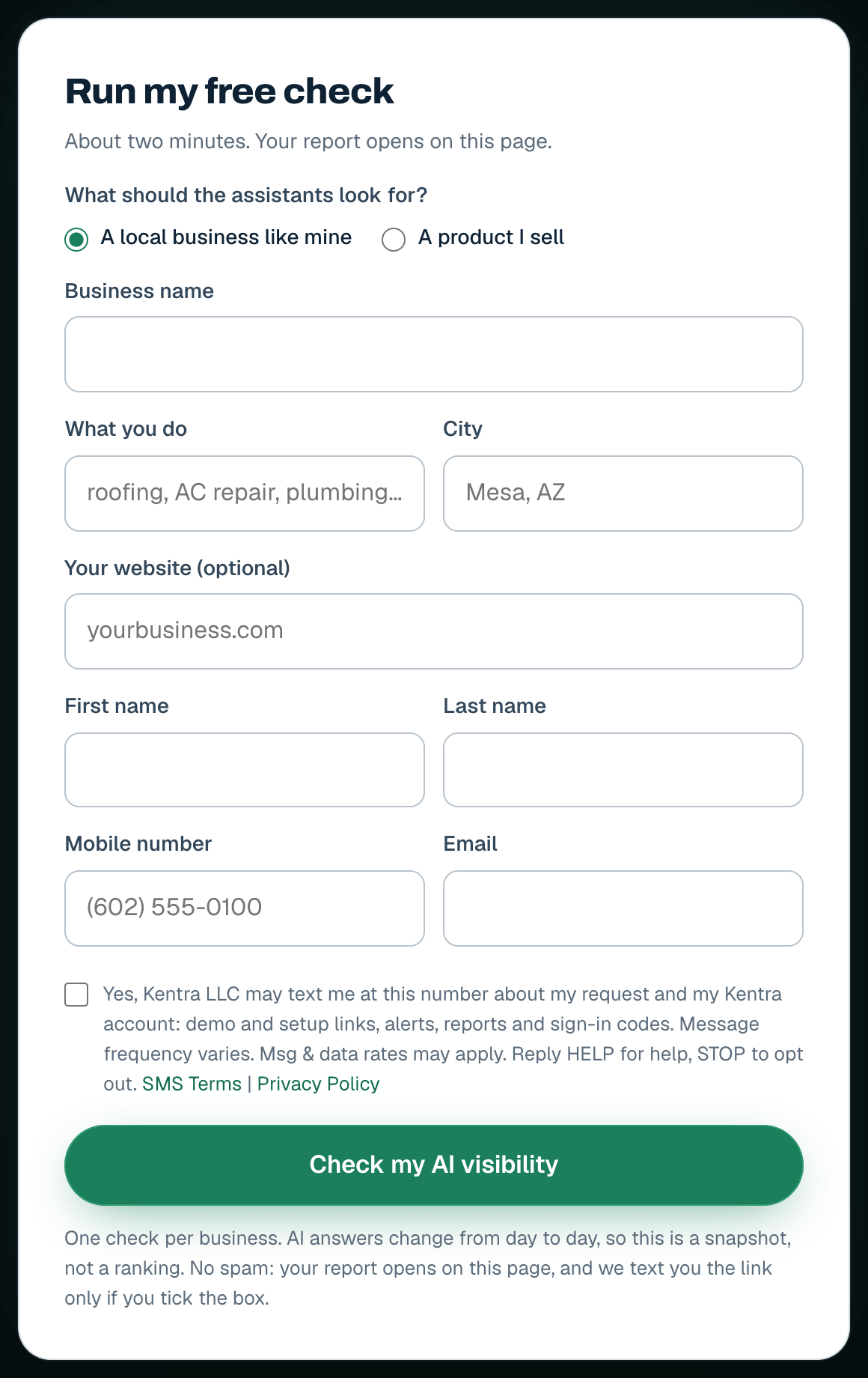 Yes, Kentra LLC may text me at this number about my request and my Kentra account: demo and setup links, alerts, reports and sign-in codes. Message frequency varies. Msg & data rates may apply. Reply HELP for help, STOP to opt out.