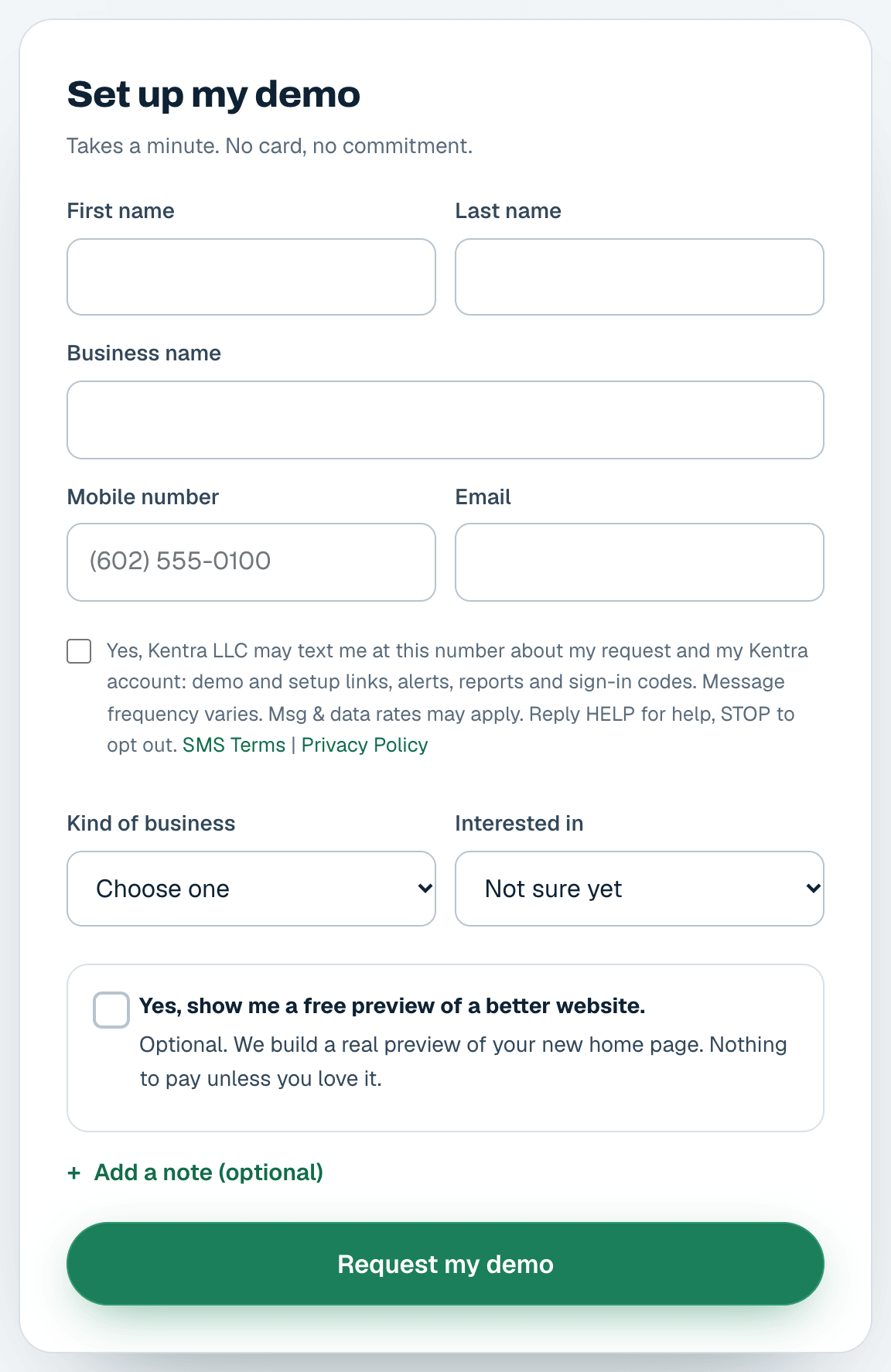 Yes, Kentra LLC may text me at this number about my request and my Kentra account: demo and setup links, alerts, reports and sign-in codes. Message frequency varies. Msg & data rates may apply. Reply HELP for help, STOP to opt out.